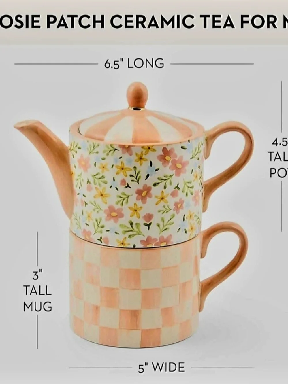 NEW McKenzie Childs Posie Patch Ceramic Tea For Me Set Stacked Floral Teapot Mug